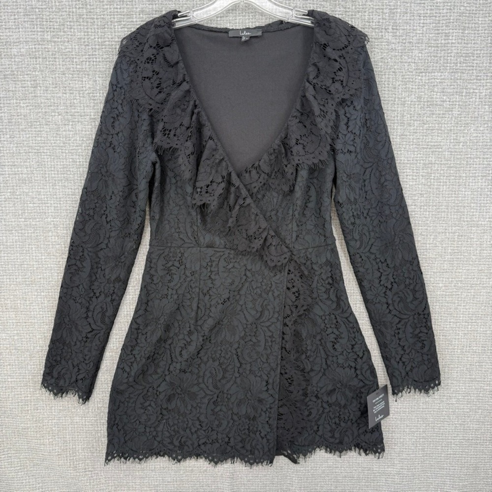 Lulus Lace Ruffle Faux Wrap Long Sleeve Mini Dress Women XS Black Romantic